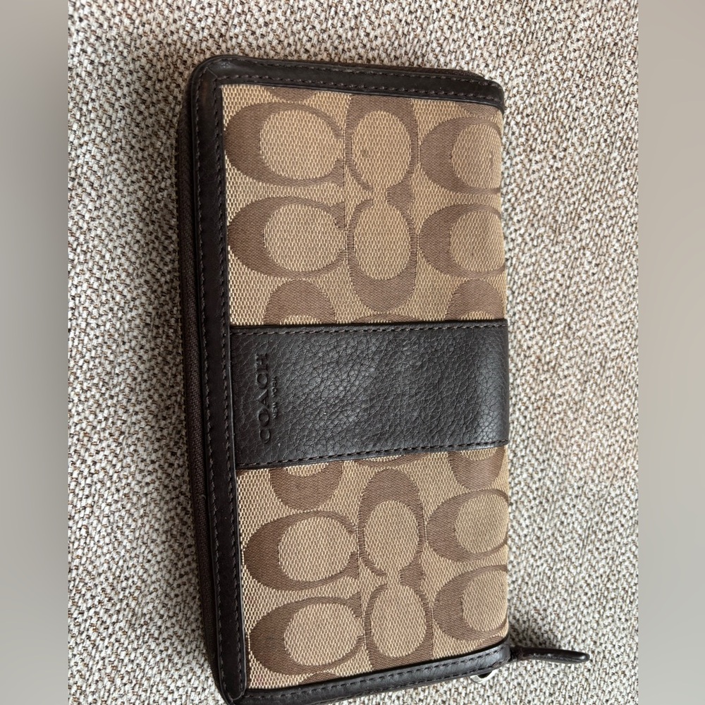 Coach Signature Brown and Tan Zip Wallet